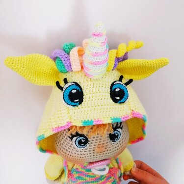 Lulu in a unicorn pattern jumpsuit, Crochet doll pattern, Baby doll pattern