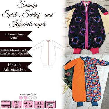 Pattern cover showing line drawing and two finished zip-front baby rompers with foot cuffs and long sleeves