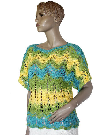 Kurzärmliger Strickpullover mit wellenförmigem Ajour‑Lochmuster in Gelb, Grün und Blau