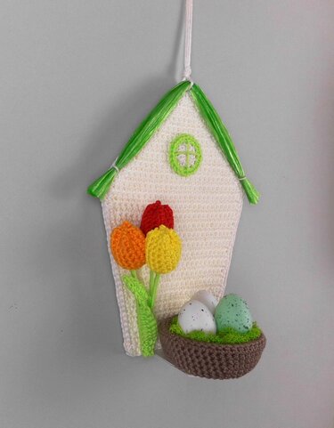 Frühlings-Dekohänger Haus mit Nest - sehr einfach aus Wollresten - Häkeln