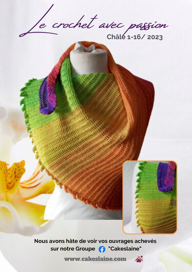 Crocheted triangle shawl with green-to-orange gradient, scalloped edge and small purple accent on a mannequin, with inset close-up of texture.