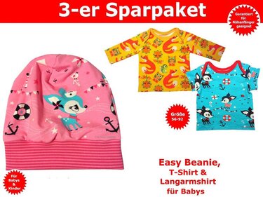 Nähidee: rosa Beanie mit gestreiftem Bund, gelbes Langarmshirt und türkis Kurzarmshirt mit Druckmotiven