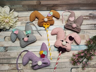 Häkelanleitung "Hasenöhrchen-Bande" (Aufhänger/Blumenstecker, 5 versch. )