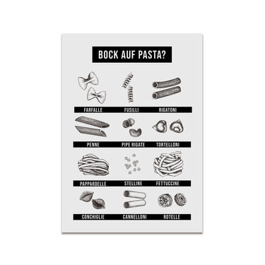 Druckbare schwarz-weiße Vorlage mit zwölf Pastasorten und Beschriftungen sowie dem Titel "BOCK AUF PASTA?"