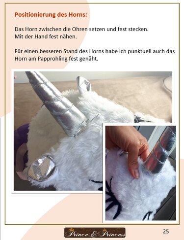 Silbernes Horn an weißem Plüschkopf wird per Hand angenäht