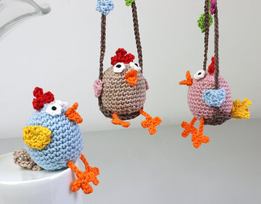 Hen on Swing - Easter Decoration, Car Rear View Mirror Pendant - Crochet