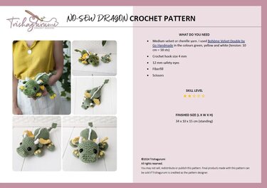Green crocheted no-sew amigurumi dragon with yellow accents shown in multiple photos and held by a person