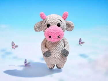 Gehäkelte graue Amigurumi-Kuh mit rosa Schnauze vor hellblauem Hintergrund und Schmetterlingen