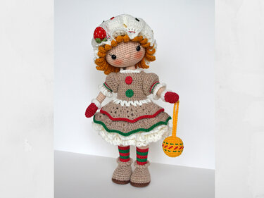 Weihnachtspuppen-Amigurumi-Häkelanleitung, Mädchen MIRA in einem Lebkuchenk