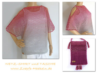 Gehäkeltes Netzshirt mit Farbverlauf rosa zu grau auf Schaufensterpuppe und passende kleine gehäkelte Tasche mit Quasten