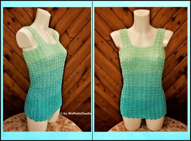 Mannequin mit gehäkeltem ärmellosem Tanktop in Mint zu Türkis, weiter Rundhalsausschnitt und Muschelsaum
