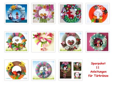 Collage aus elf gehäkelten Türkränzen mit Schrift Sparpaket 11 Anleitungen für Türkränze