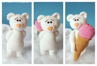 Weißer gehäkelter Amigurumi‑Bär hält rosa Eistüte, drei Perspektiven