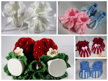 Collage mit sechs Paaren gestrickter Babyschuhe: weiße mit Schleifen, rosa-weiß, blau-weiß gestreift, rote Erdbeeren, rot-weiß gestreift und blau-weiß gestreift.