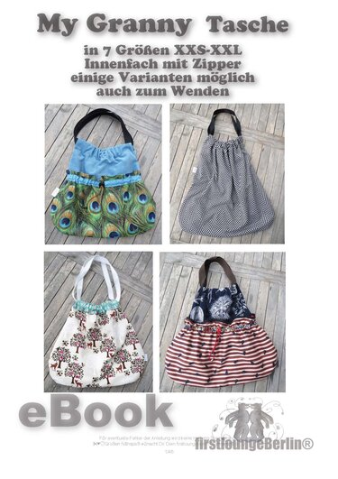 Vier genähte Granny-Taschen in unterschiedlichen Stoffmustern (Pfauenfeder, Zickzack, Waldmotiv, Streifen) auf Holzplanken.