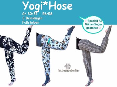 Drei Beispiele einer Damen‑Yogi‑Hose mit Fußstulpen in verschiedenen Stoffmustern (Blätter, Blumen, Streifen).