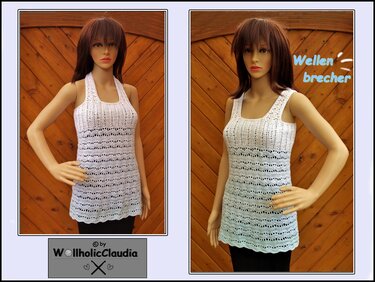 Mannequins tragen gehäkelte Damen-Oberteile im Ombré-Look mit Wellen-Ajourmuster in Halterneck- und Tank-Top-Stil