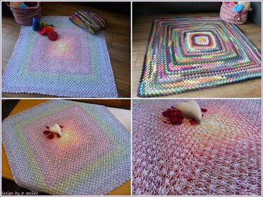 Collage aus vier Aufnahmen quadratischer Häkeldecken: sanfter Pastell-Regenbogenverlauf und farbenfrohe Variante, mit sichtbarer, dichter Maschenstruktur.