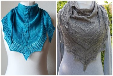 Zwei gestrickte Dreieckstücher auf Büsten: links türkis mit Lochmuster, rechts grau mit feinen Zopfmustern