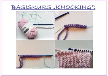 Vier Bilder: Knooking-Werkzeuge, erste Maschen und ein gestricktes Muster.