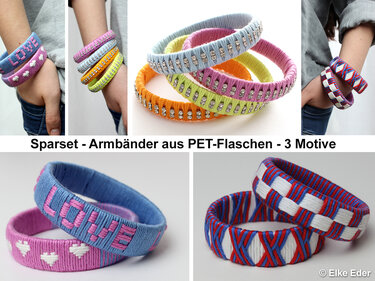 Farbige Wickelarmbänder aus PET‑Flaschen mit Strassstreifen, Herz- und Buchstabenmuster