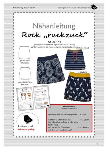Nähanleitung für den Rock „ruckzuck“ mit Skizzen der geraden und ausgestellten Form sowie Fotos von drei Beispielröcken mit unterschiedlichen Stoffmustern.
