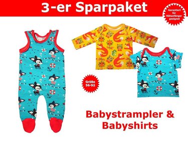 Buntes dreiteiliges Babyset mit Tierprints: türkisfarbener Strampler, kurzärmeliges Shirt und gelbes Langarmshirt