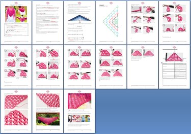 PDF-Seiten einer Häkelanleitung für ein rosafarbenes Dreieckstuch mit Schrittfotos, Diagramm und Nahaufnahmen der Maschen