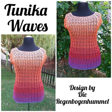Gehäkelte Tunika in Orange-Rot-Violett mit Netzstruktur auf schwarzer Schneiderpuppe