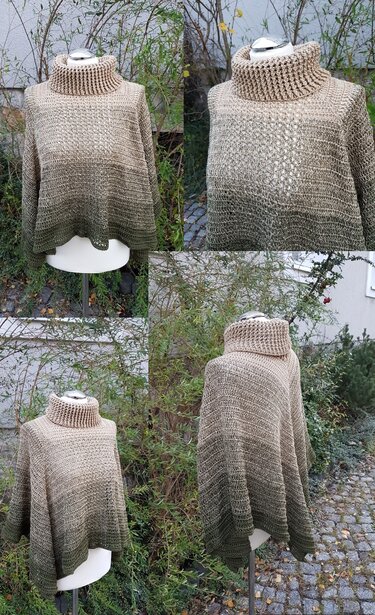 Gehäkelter Poncho in Beige und Olivgrün mit geripptem Rollkragen an einer Schneiderpuppe vor Grünpflanzen