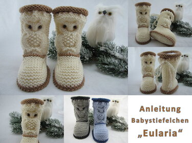 Mehrere Paare gestrickter Babystiefelchen mit Eulenmuster in verschiedenen Farben, Vorder- und Seitenansichten