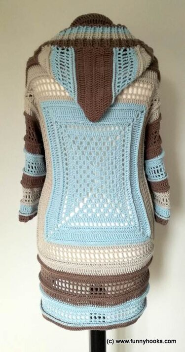 Longline crochet shrug with hood, framed granny-square back and alternating lacy and solid stripes