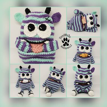 Collage: lila- und mintgrün gestreiftes gehäkeltes Amigurumi-Monster in mehreren Ansichten, mit offenem Mund zum Aufbewahren kleiner Gegenstände