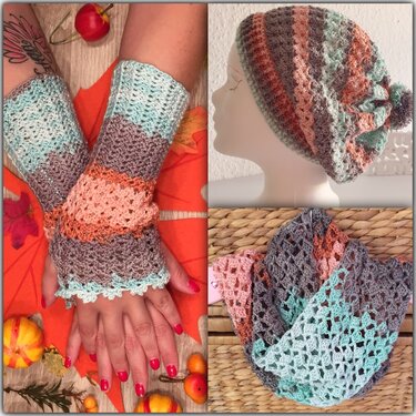 Gehäkeltes Damen-Set mit Slouch-Mütze, fingerlosen Stulpen und Loop in Mint, Apricot und Taupe