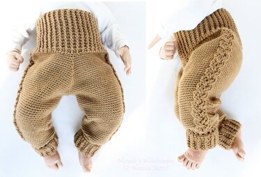 Front and side views of tan crochet baby pants with high ribbed waistband, cuffed legs and braided side seam