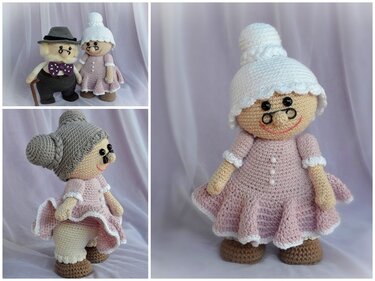 Gehäkelte Amigurumi-Oma mit rosa Kleid und grauem Dutt neben Amigurumi-Opa mit Hut und Spazierstock
