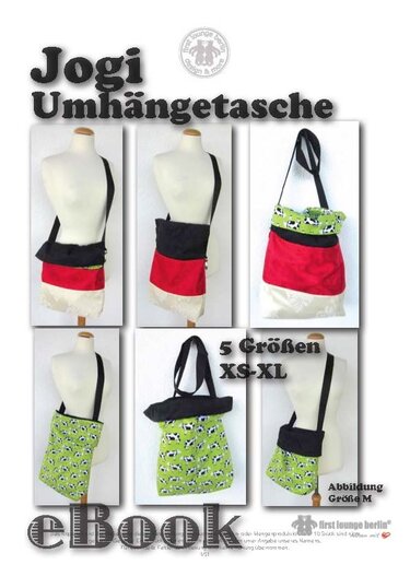 Jogi Umhängetaschen in Farbblock (Schwarz/Rot/Creme) und grünem Kuhmuster auf Schneiderpuppen