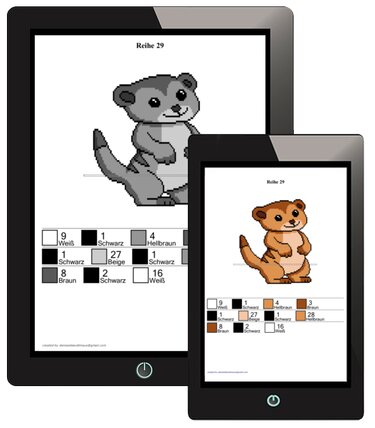 Zwei Tablets mit Pixel-Häkelmustern eines Erdmännchens in Grau und Braun, inklusive Farblegende.