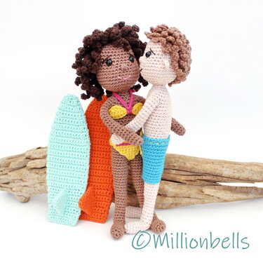 Surf Dolls Boy and Girl Crochet Pattern Amigurumi Surfboards Bikini Shorts