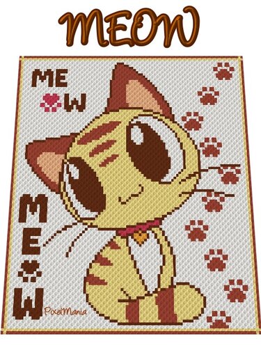 Pixelhäkelmuster einer gelb-braun gestreiften Katze mit großen Augen, Pfotenmotiven und dem Schriftzug 'MEOW'.