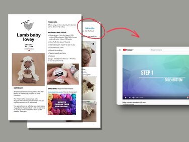Printed pattern pages for a lamb baby lovey showing materials, finished toy photos and a referenced video tutorial link.
