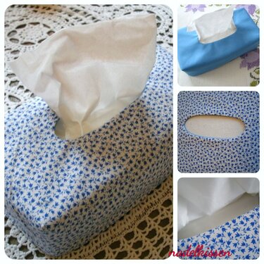 Stoffhülle für eine Kosmetiktücherbox mit blau-weißem Blumenmuster; daneben eine einfarbige hellblaue Hülle und Detailansichten des ovalen Ausschnitts und der Öffnung.