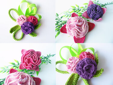 Collage: vier Varianten gehäkelter Rosen-Applikationen in Rosa und Violett mit grünen Blättern