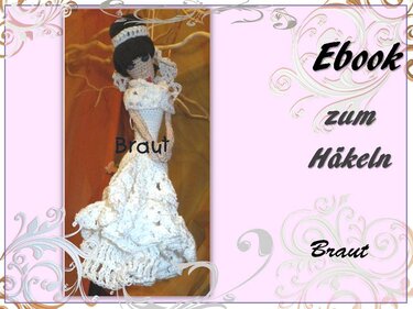 Gehäkelte Amigurumi-Brautpuppe im weißen Hochzeitskleid mit Hochsteckfrisur