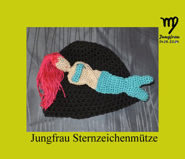 Schwarze Beanie mit gehäkelter Meerjungfrau-Applikation in Türkis und Pink sowie Jungfrau-Symbol