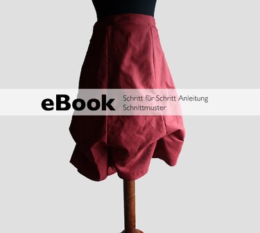 Weinroter Ballonrock auf einer Schneiderpuppe mit Einblendung 'eBook Schritt für Schritt Anleitung Schnittmuster'.