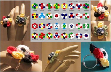 Collage aus gehäkelten Blumenringen und Armband mit Fußballmotiv sowie Referenzkarte mit Länderfarben