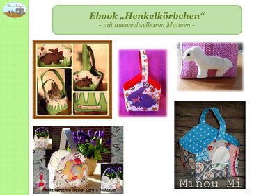 Mehrere kleine genähte Stoff-Henkelkörbchen mit bunten Applikationen von Hasen und Schaf