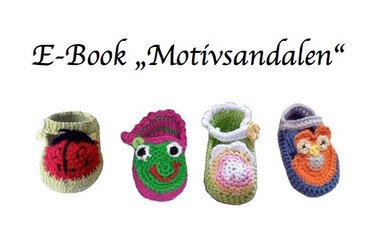Vier gehäkelte Babyschuhe mit Marienkäfer-, Frosch-, Eulen- und Blumenmotiv.