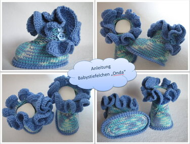 Gestrickte Babystiefelchen in Blau, Türkis und Weiß mit Rüschenbündchen und zwei Knöpfen, Collage mehrerer Ansichten